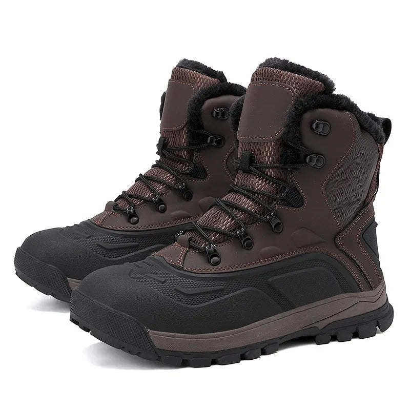 Men's black high-top boots with fleece lining and lace-up front on a ribbed sole.