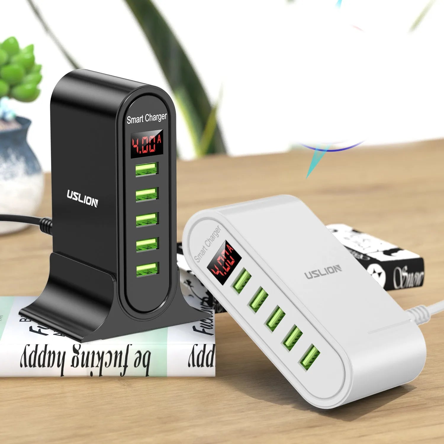 Black digital display USB wall charger showing 240V input and 5V output on its LED screen.