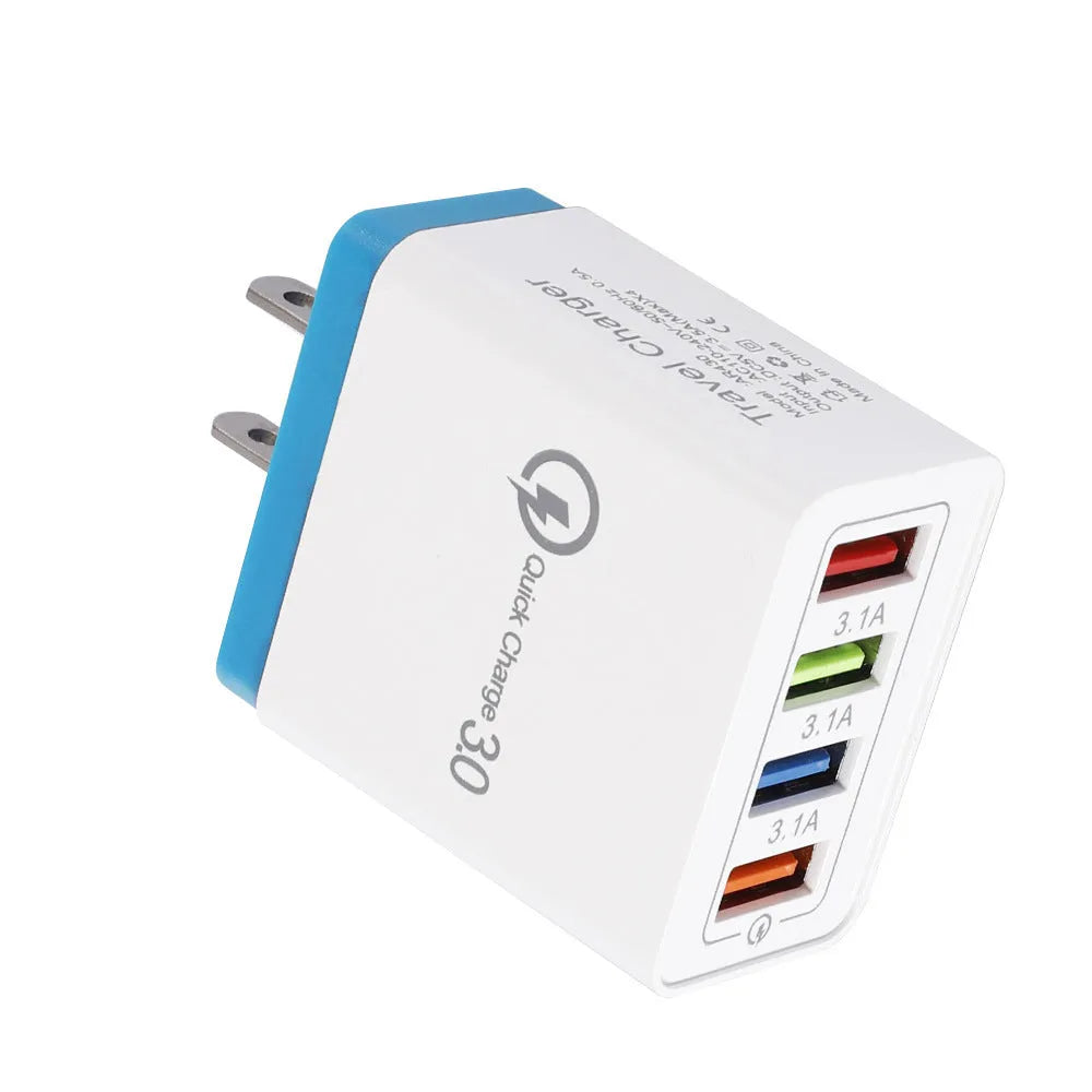 Four-port USB wall charger with LED light in choice of seven colours and EU/US plug options