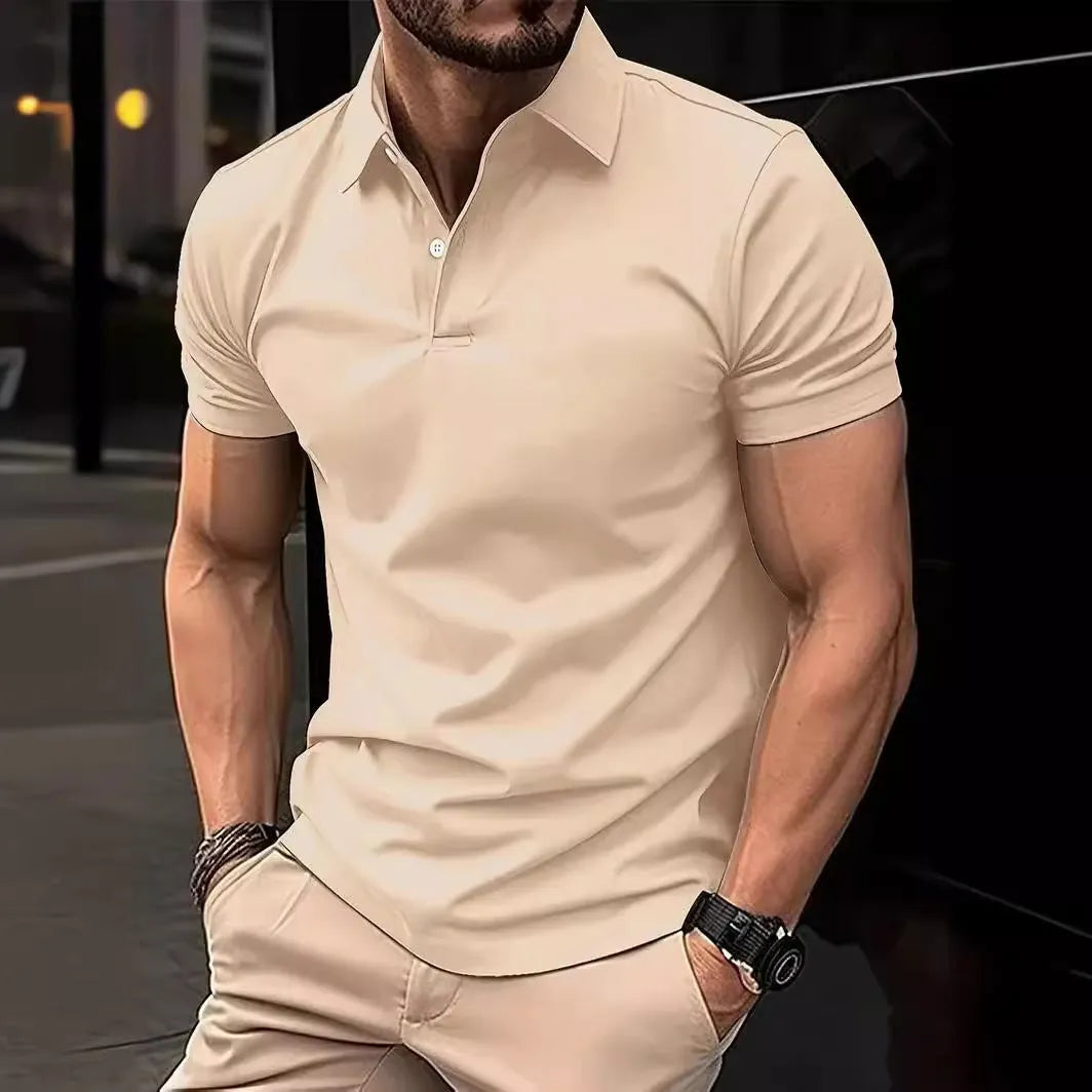 Men's slim fit casual short sleeve button-up shirt in a solid colour on a hanger.