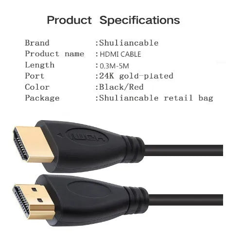 Gold-plated HDMI cable with male connectors available in multiple lengths from 3ft to 5m