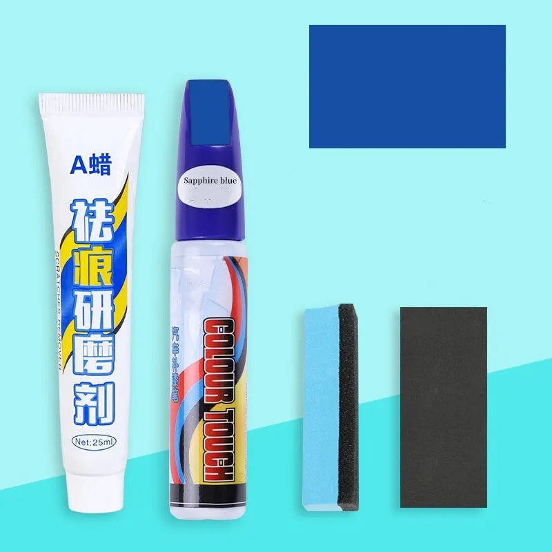 Automotive scratch repair kit with paint pen, wax pen, sponge, and sandpaper