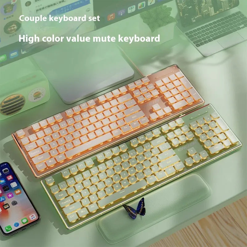 Prewalker V3 mute mechanical feeling keyboard and mouse set in retro green colour on a desk.