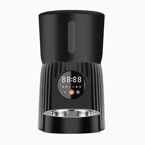 Black and white intelligent pet feeder with automatic timing and remote control functions