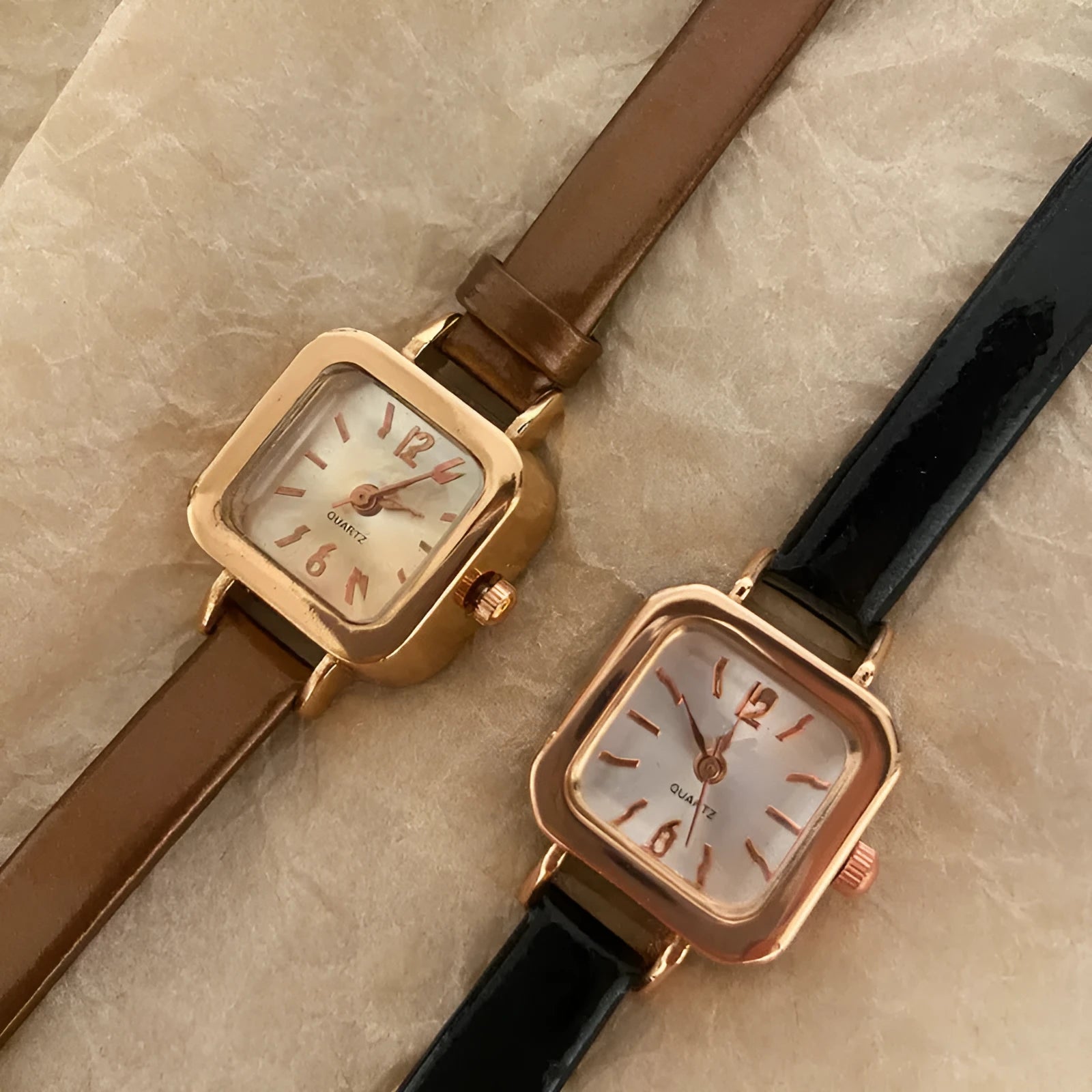 Women's art retro fashion watch with a 10mm alloy case shown in black, white, pink, and brown colour variants.
