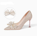 Champagne gold crystal sequin pointed toe stiletto heel wedding shoes with low-cut vamp