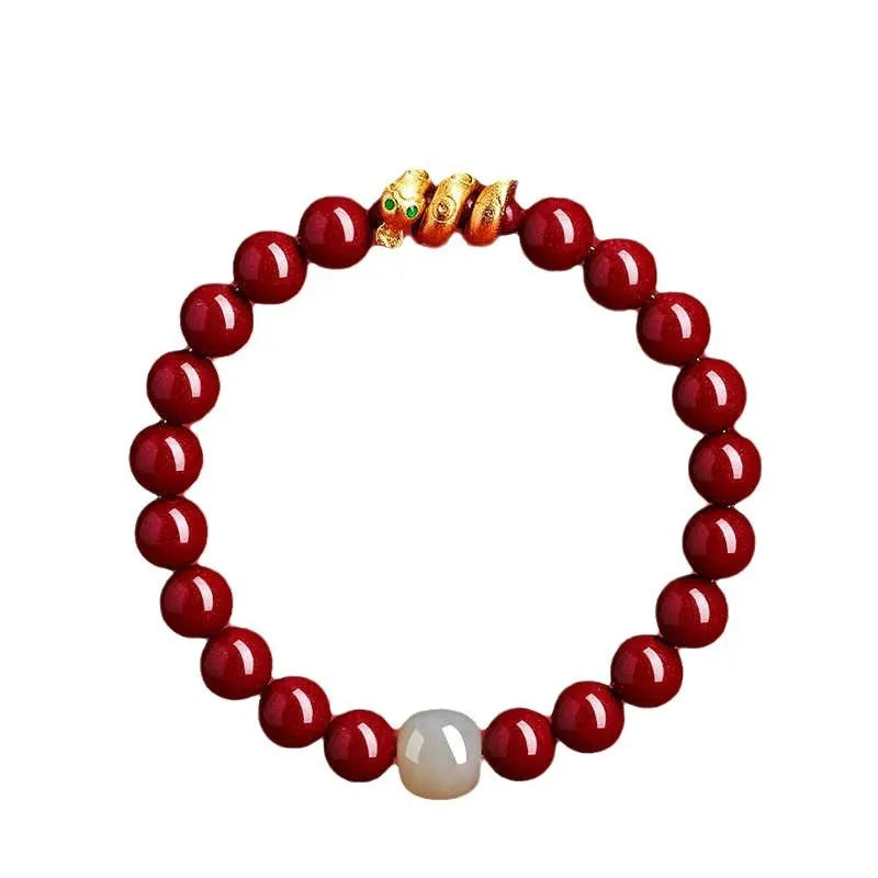 Handmade cinnabar snake zodiac bracelet in traditional Chinese style with purple gold sand beads