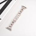 Metal denim chain replacement strap for Apple Watch in silver, black, gold, rose gold, and Starlight colours.