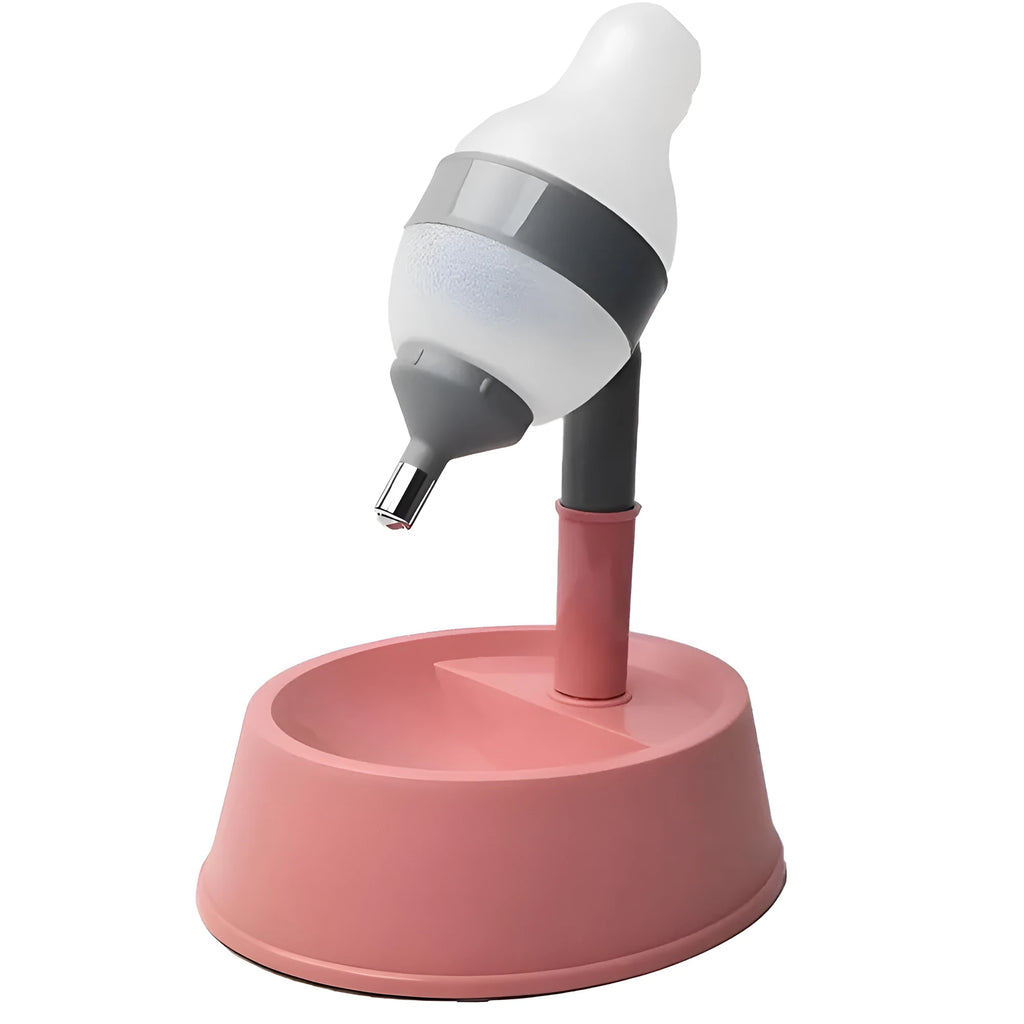 Grey adjustable height pet water dispenser bowl on a stand with a drinking nozzle
