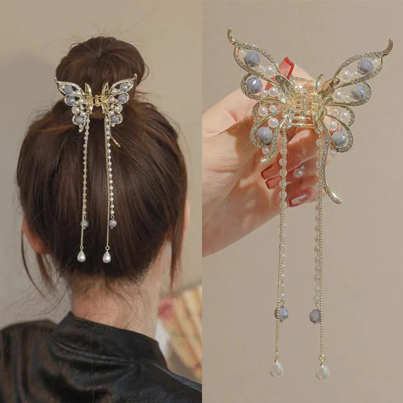 Women's alloy hair grab clip with butterfly tassel, handcrafted retro literary style, 8x8.5 cm butterfly and 15 cm tassel