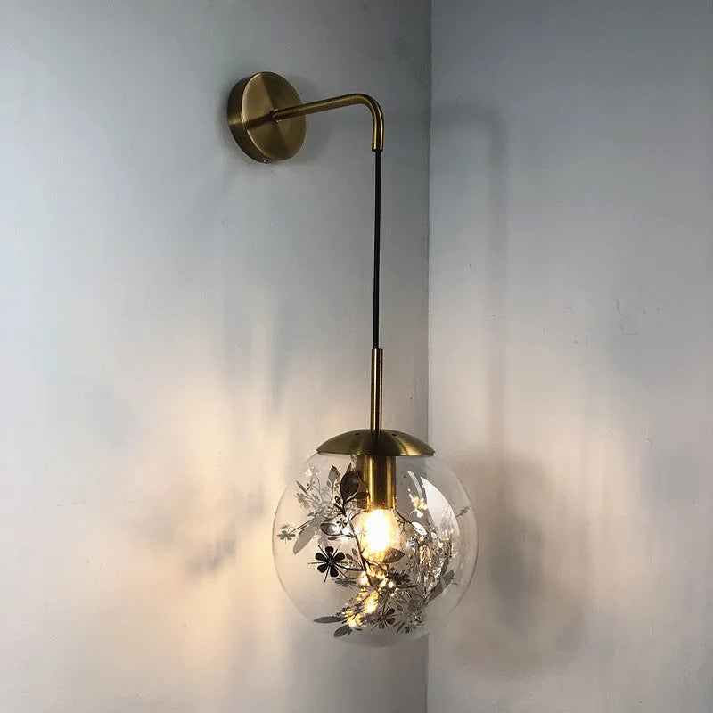 Modern glass wall mounted bedside lamp with LED light in golden flower finish