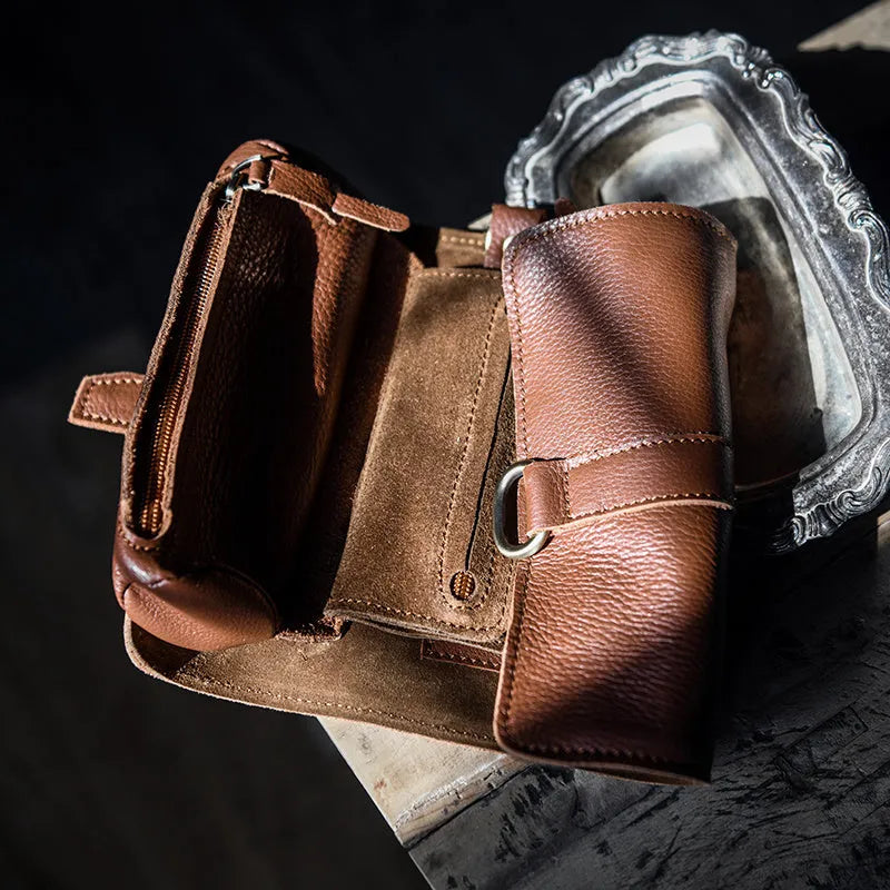 Handmade leather vintage wallet in black or dark brown with tape extraction closure showing 20cm length