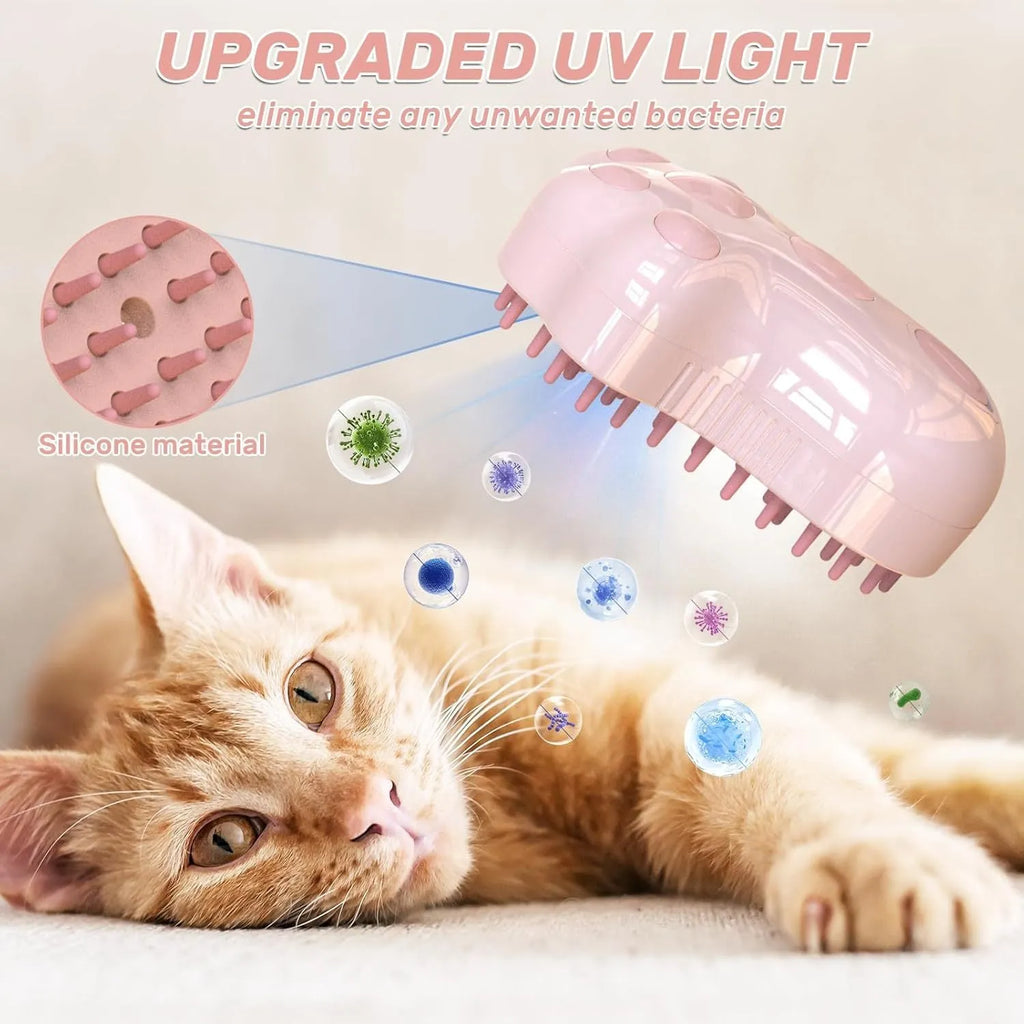 Self-cleaning cat steam brush with blue light and release button for pet grooming