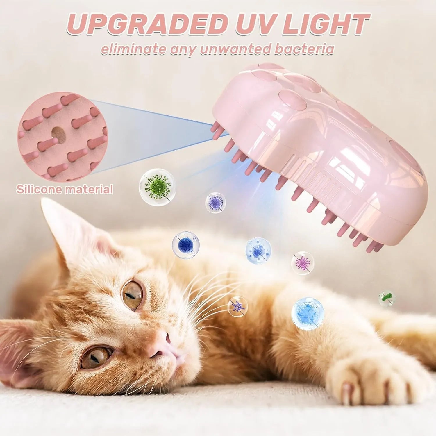 Self-cleaning cat steam brush with blue light and release button for pet grooming