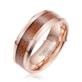 8mm wide tungsten ring with textured wood and leather finish in Ugyen design