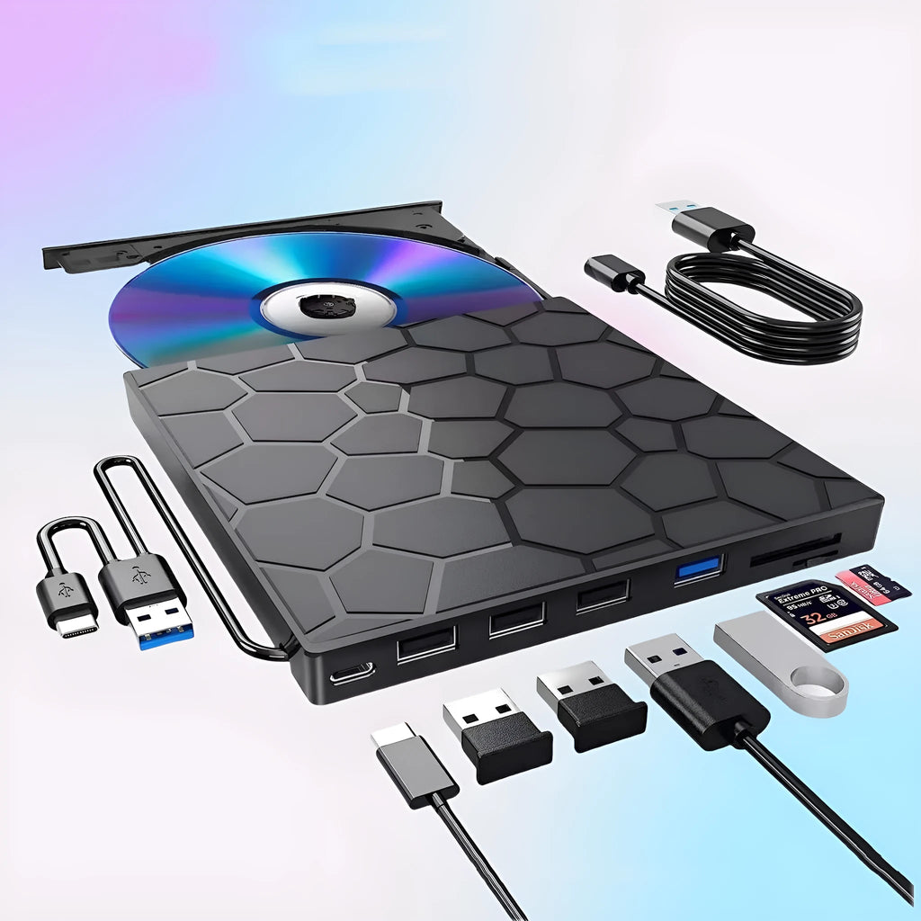 Black external USB CD drive and writer with compact 15.5 cm design