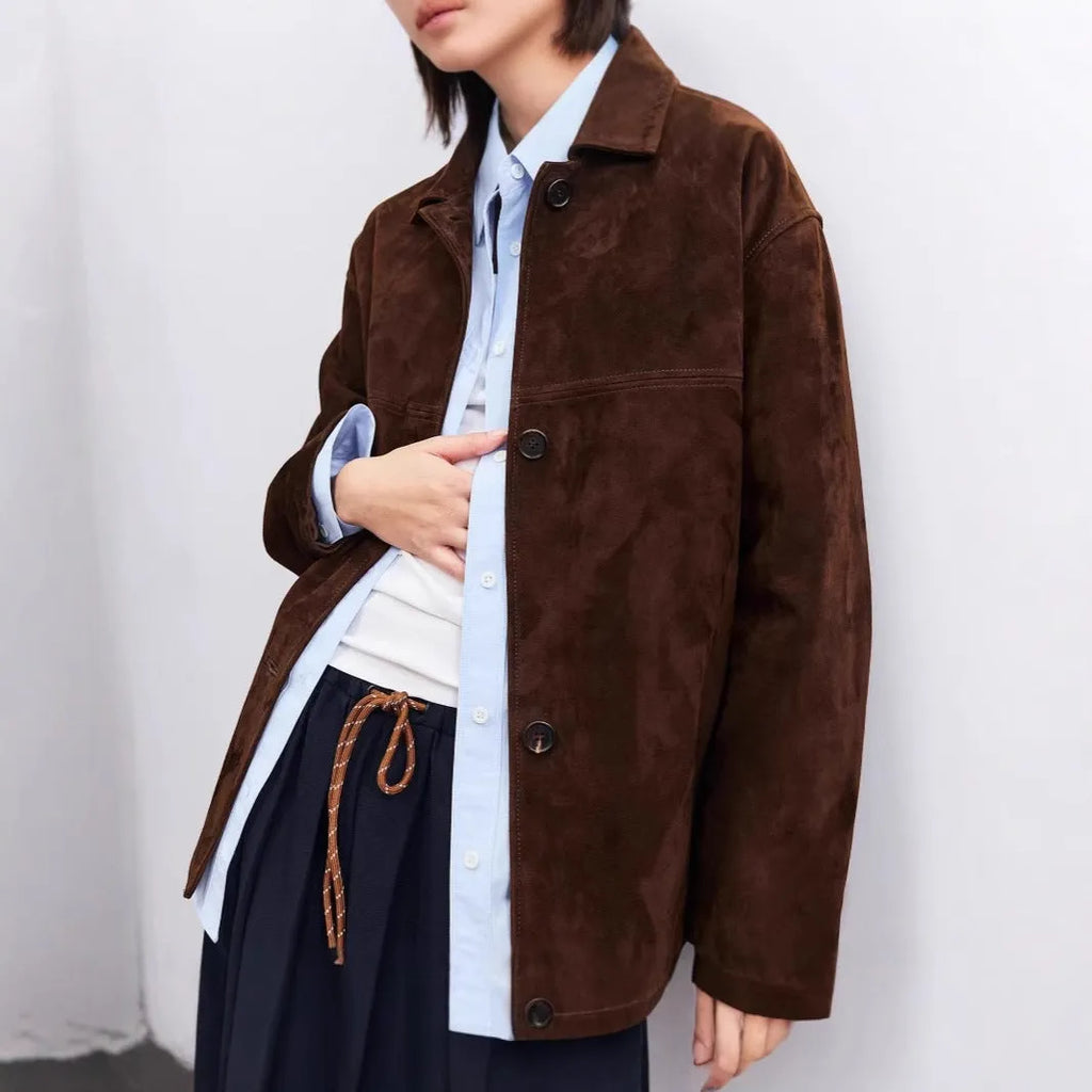 Women's retro cashmere coat with leather stitching and Peter Pan collar in mid-length loose design