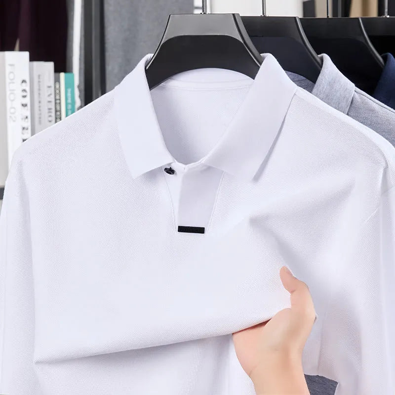 Men's asymmetric lapel cotton polo shirt in loose fit long sleeve available in four colours