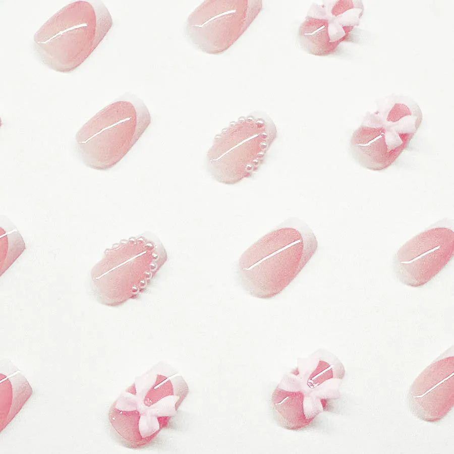 French manicure false nails with tulip, bow, starry sky and leopard print patterns in short square shape