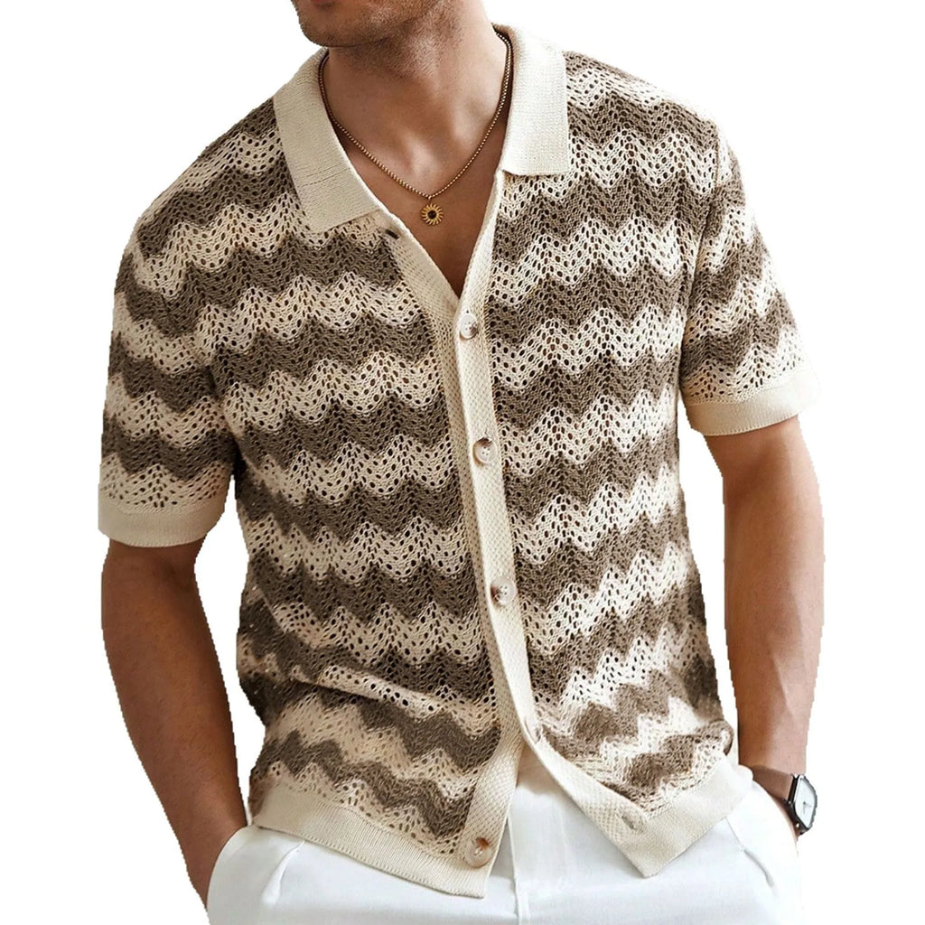 American-style hollow jacquard corrugated short-sleeve sweater in blue, brown, or yellow with flocked detailing.