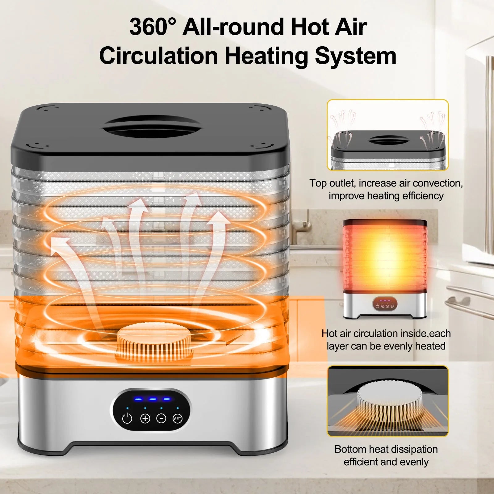 Eight-layer food dehydrator appliance in silver or red finish with collapsible design for compact storage
