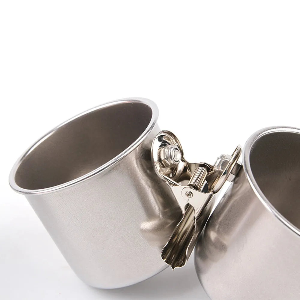 Stainless steel birdcage food container feeder in natural colour for outdoor use.