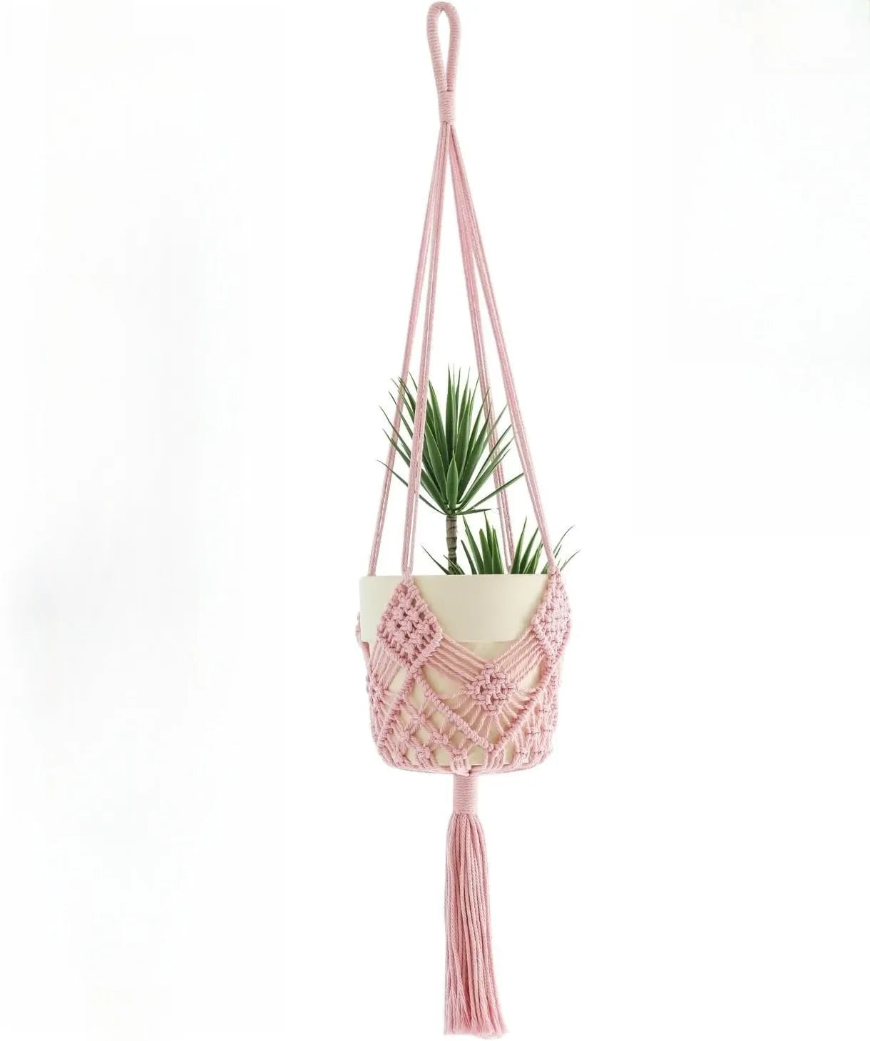 Minimalist hand-woven flower pot in polyester cotton fabric with net pocket design in brown colour