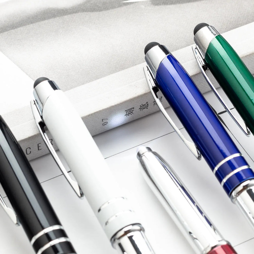 Metal multifunctional pen with capacitive stylus tip, ballpoint pen, and LED light in five colour options