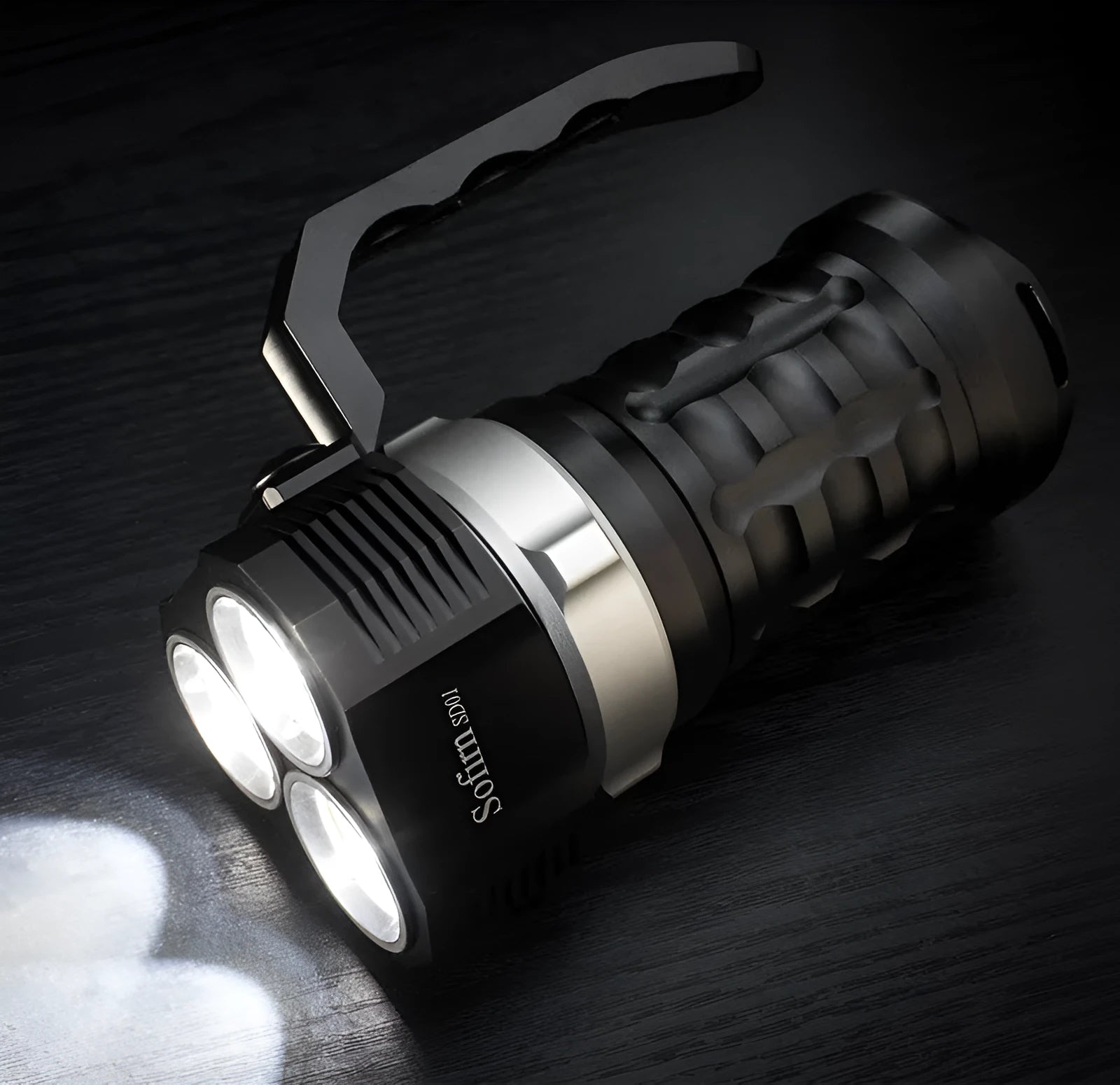 Aluminium alloy diving tube flashlight shown with scale, highlighting its 18cm length and robust construction.