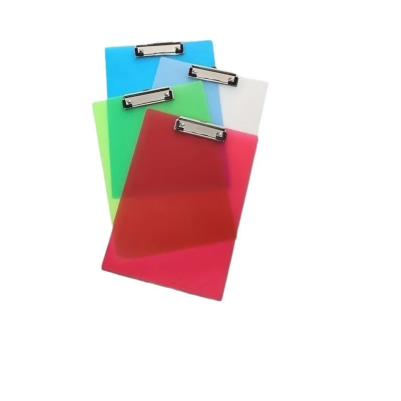 Transparent A4 writing board pad with metal clip holding paper, shown in blue colour variant.