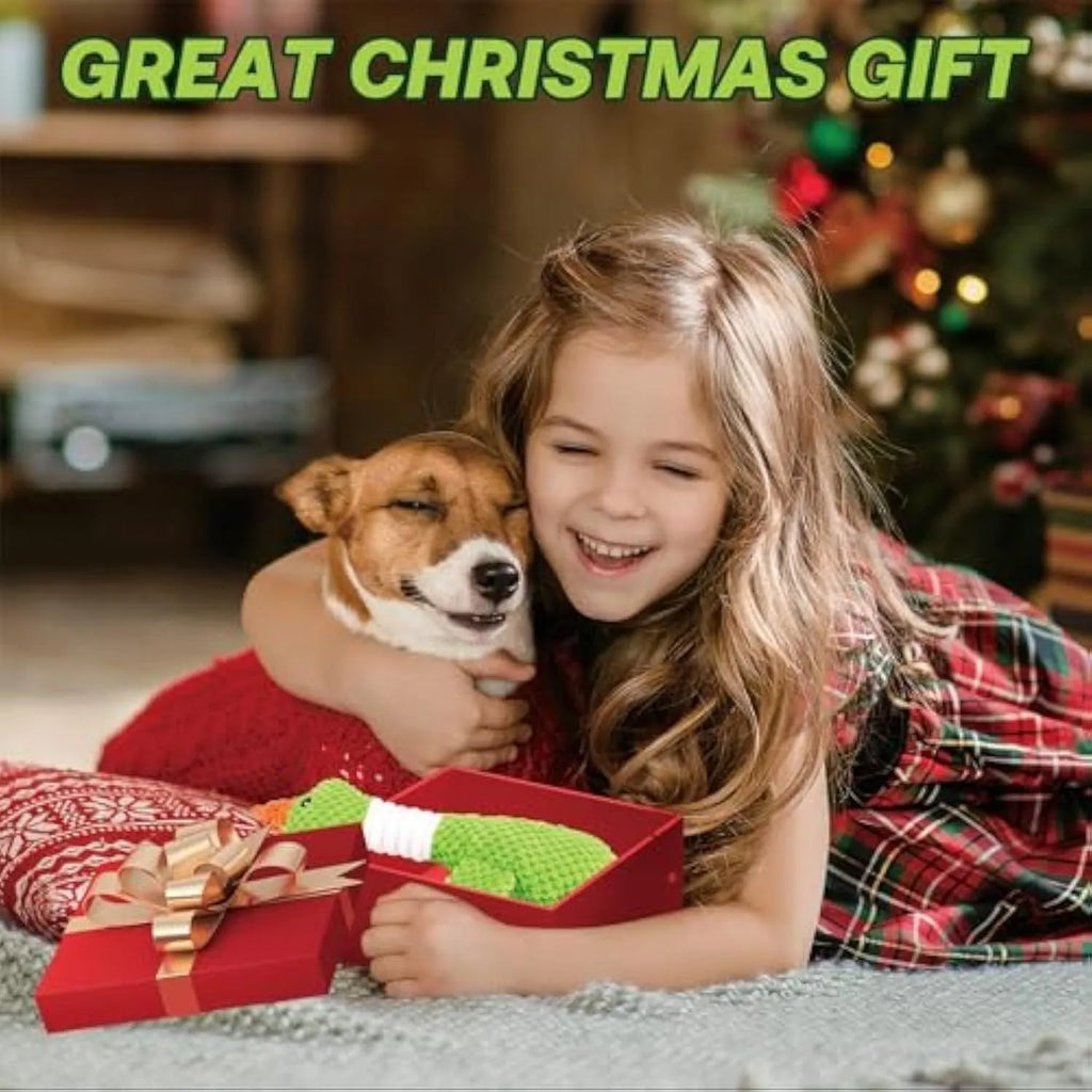 Blue, green, and grey duck-shaped durable dog plush toy with squeaker for chewing and play