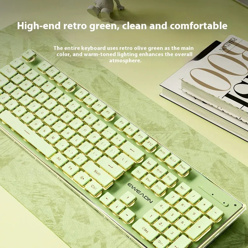 Prewalker V3 mute mechanical feeling keyboard and mouse set in retro green colour on a desk.