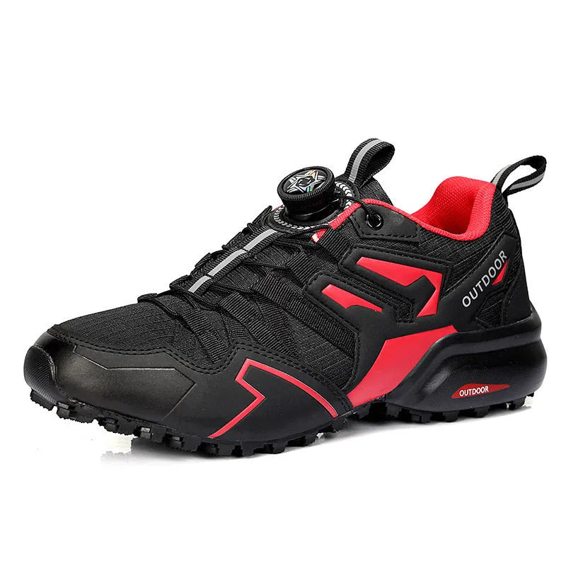 Off-road hiking shoes with elastic band closure in beige, black, and black red colour options