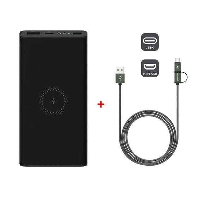 White 10000mAh power bank with USB port and wireless charging surface
