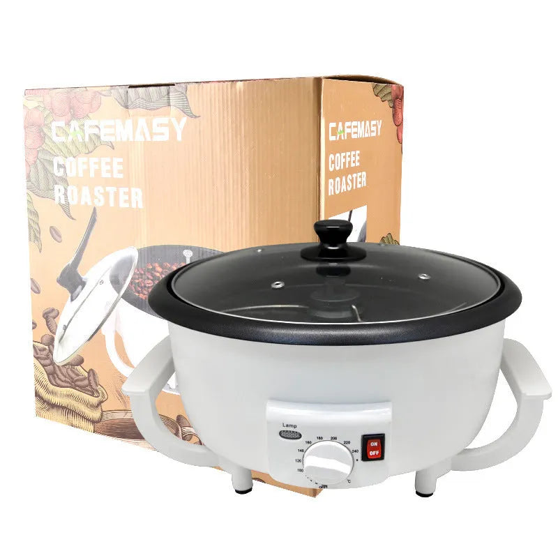Oblate white coffee roasting machine with a 225mm base for home bean roasting.