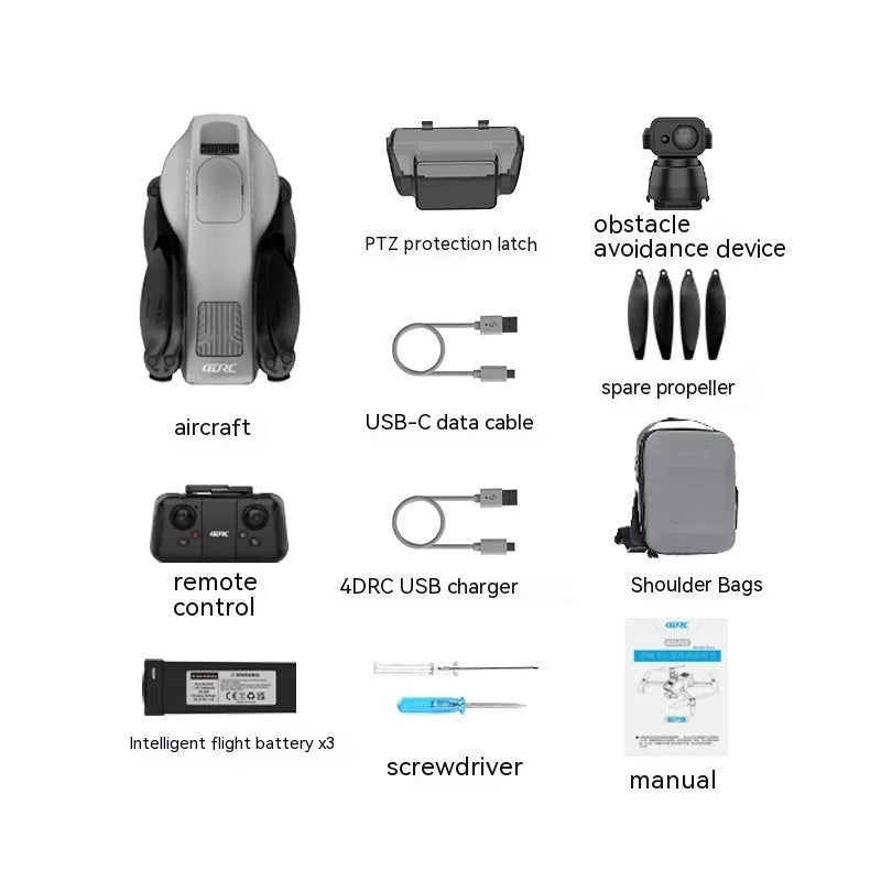 White folding quadcopter drone with camera and propellers, shown with remote control and shoulder bag.