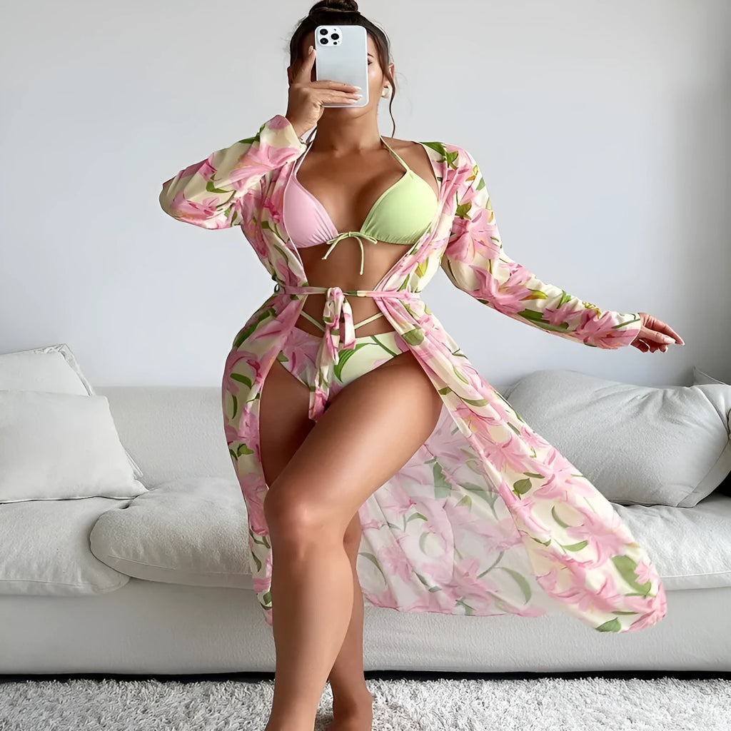 Women's printed two-piece bikini swimsuit set on a model