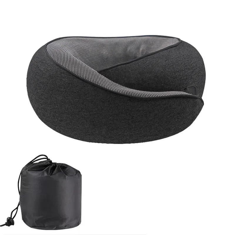 Black U-shaped memory foam travel neck pillow with storage bag, shown next to dark blue and grey colour options.