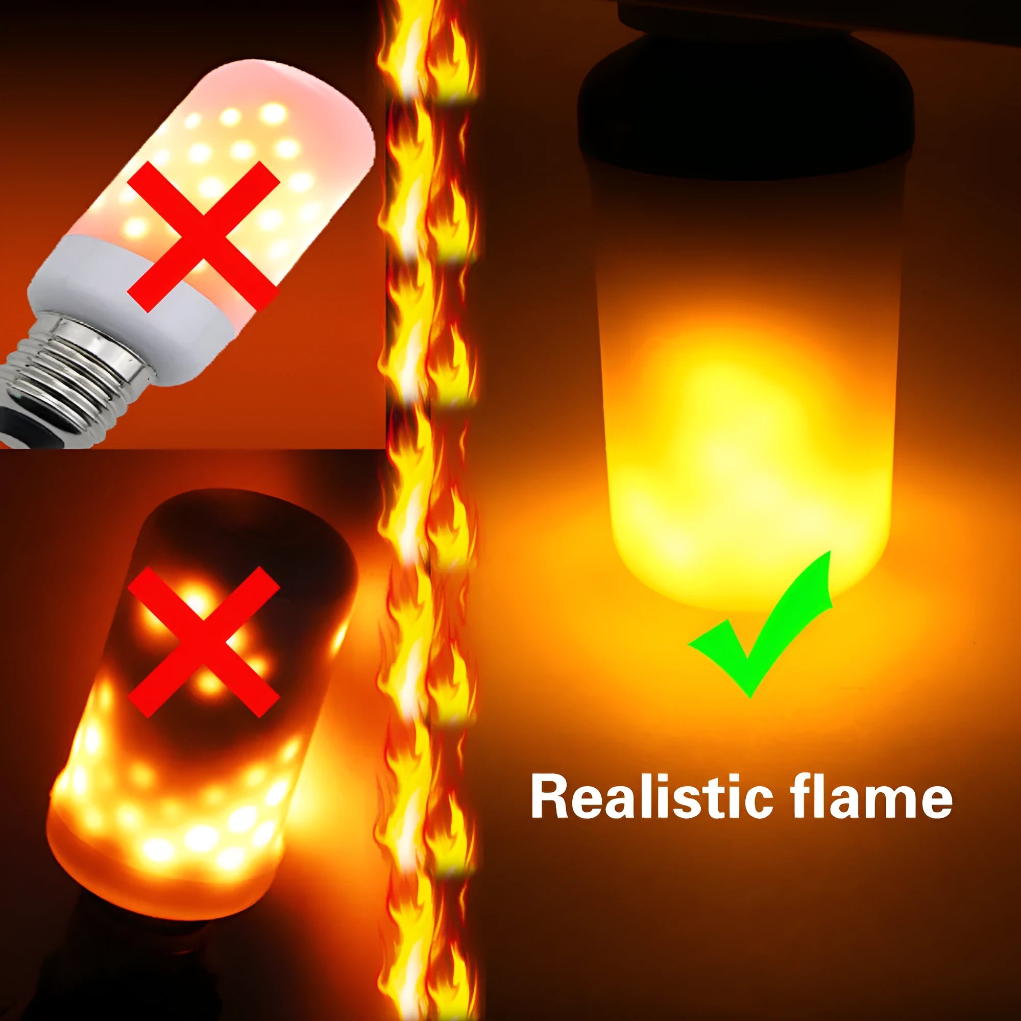 Decorative indoor lamp with glowing orange LED flame effect bulb on a dark surface.