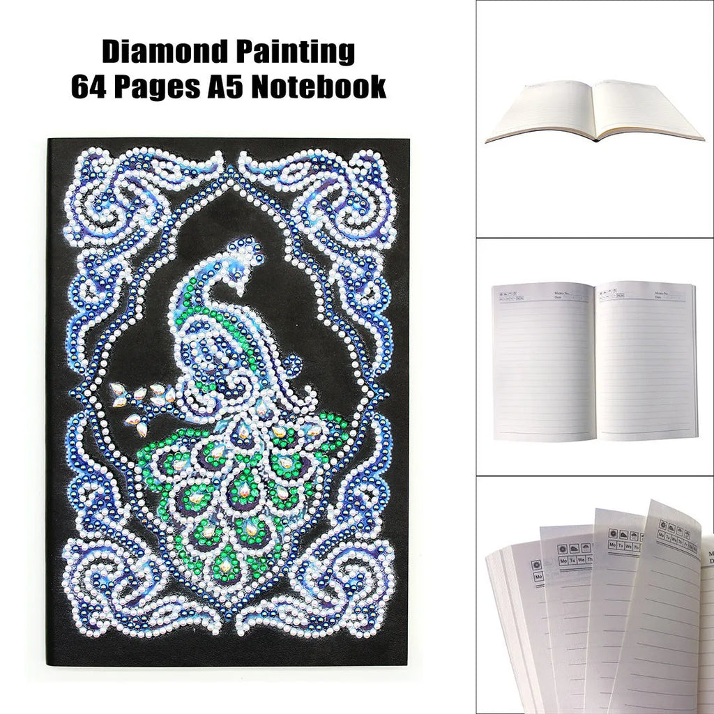 Black hardcover A5 diamond painting notebook with peacock beauty design, showing dimensions 142mm by 207mm.