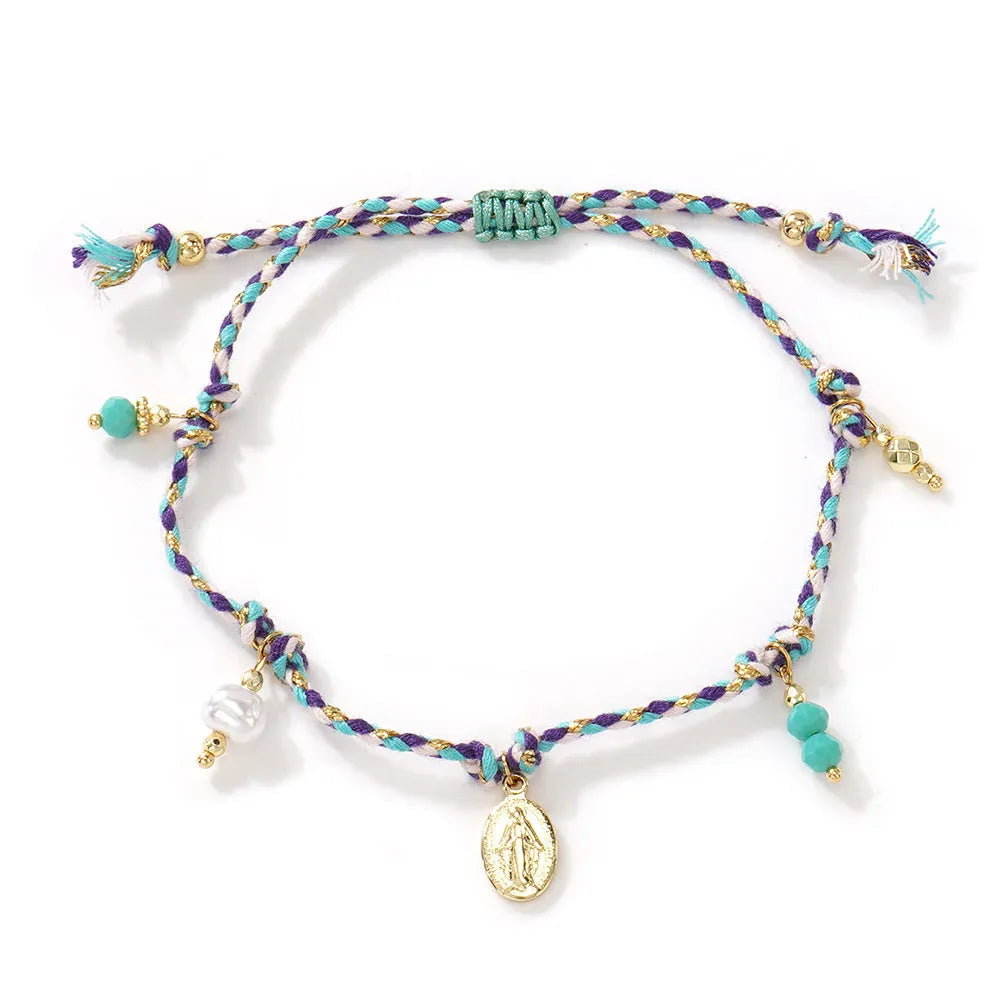 Hand-woven colourful braided rope bracelet with adjustable knot and decorative strap tag