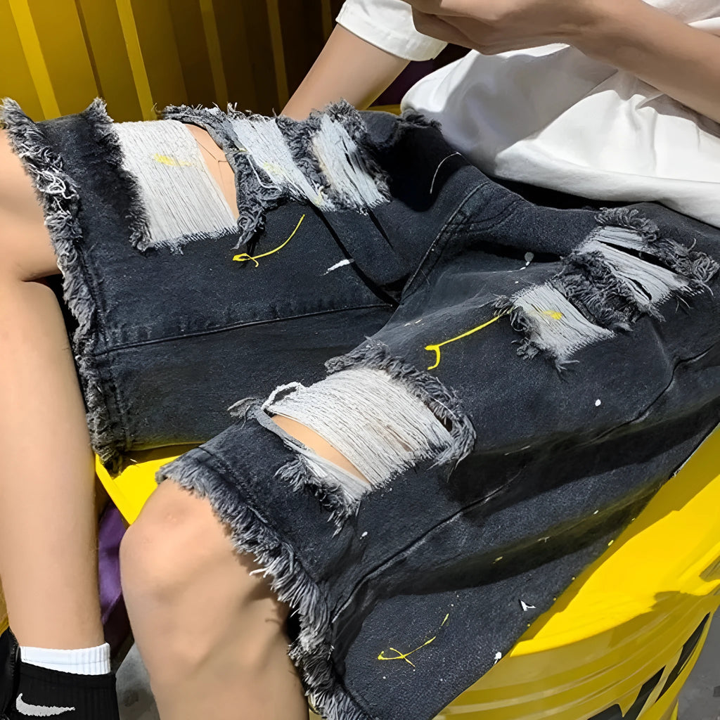 Men's casual water washed denim shorts with hole detailing and loose street style fit