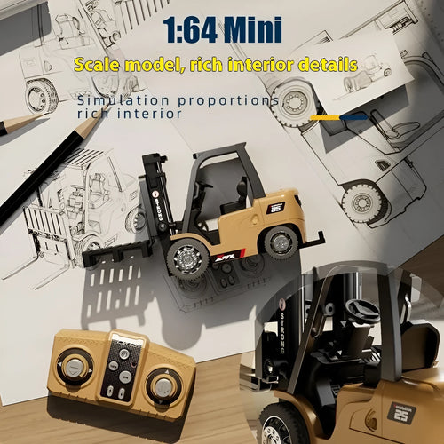 1:64 scale alloy remote control forklift toy with cargo hook and fork accessories on pallet