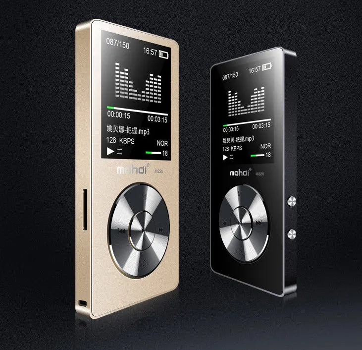 Gold, silver, or black metal MP3 music player with a 1.8-inch screen and key controls.