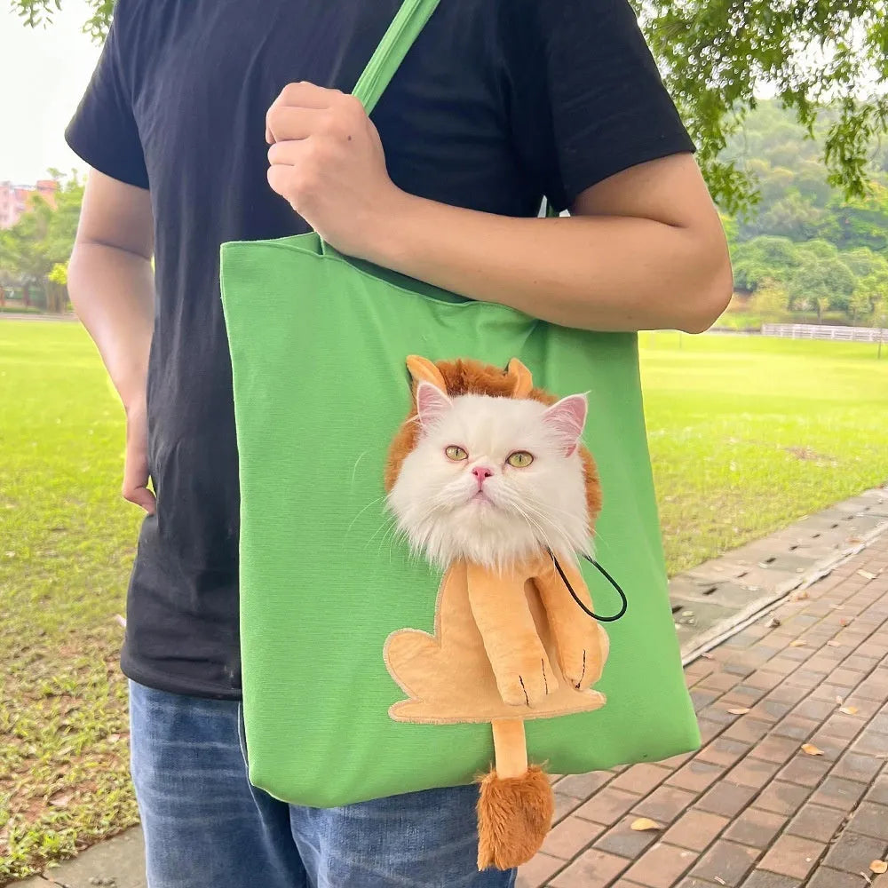 Soft canvas pet shoulder bag with cartoon pattern, shown in Light Denim colour for carrying small dogs or cats.