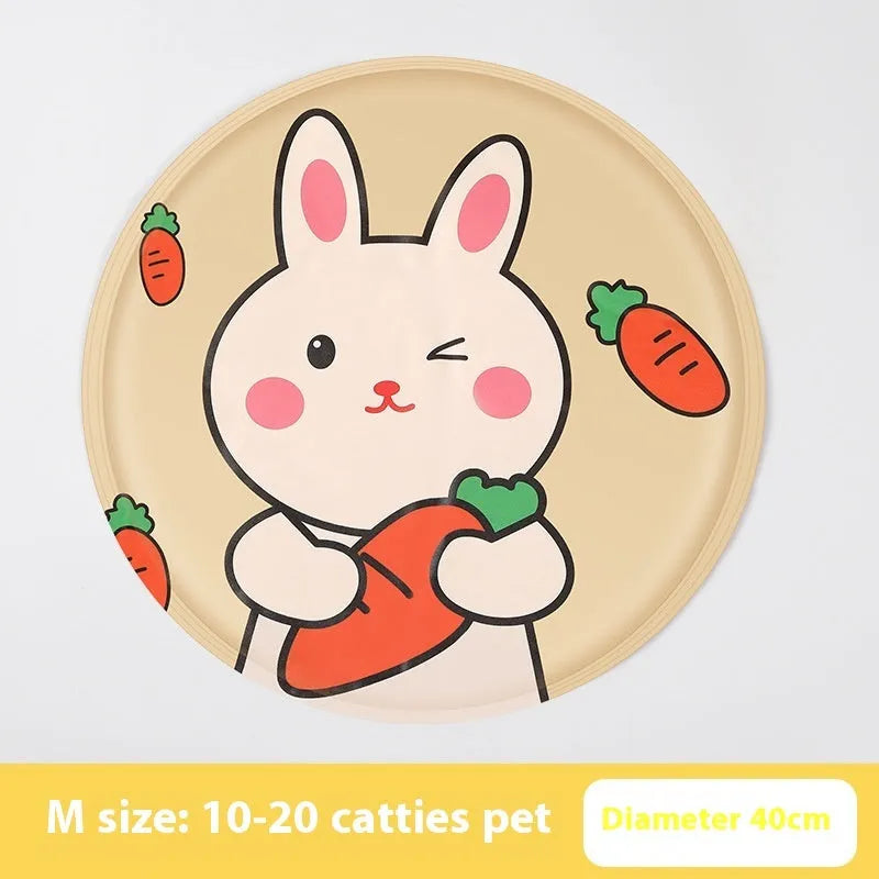 Round cartoon-design pet cooling mat for dogs on a floor, showing beige and blue colour options.