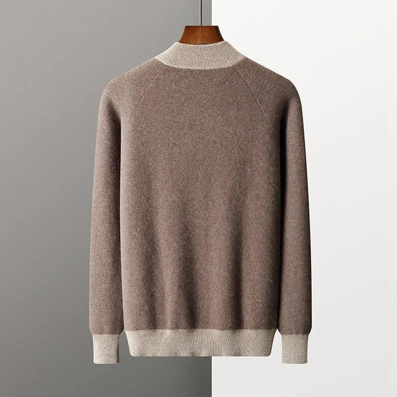 Men's camel coloured cashmere blend knitted cardigan suit with half turtleneck and matching trousers