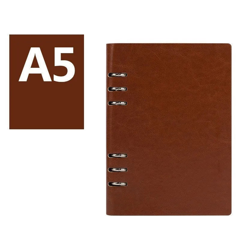 Loose-leaf business notebook with imitation leather cover in five colour options, shown in A5, A6, and B5 sizes.