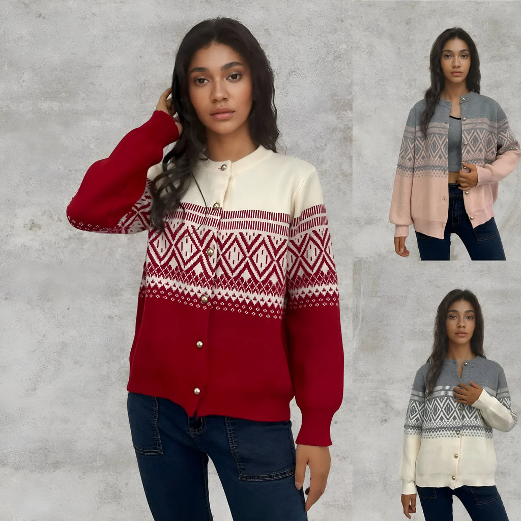 Women's grey alpaca wool cardigan with long sleeves and a red diamond contrast knit pattern.