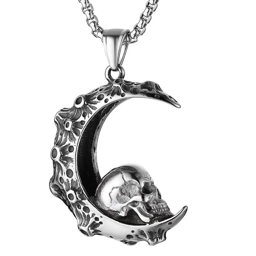 Men's stainless steel necklace with electroplated silver finish showing multiple pendant design options including skull, dagger and screw motifs
